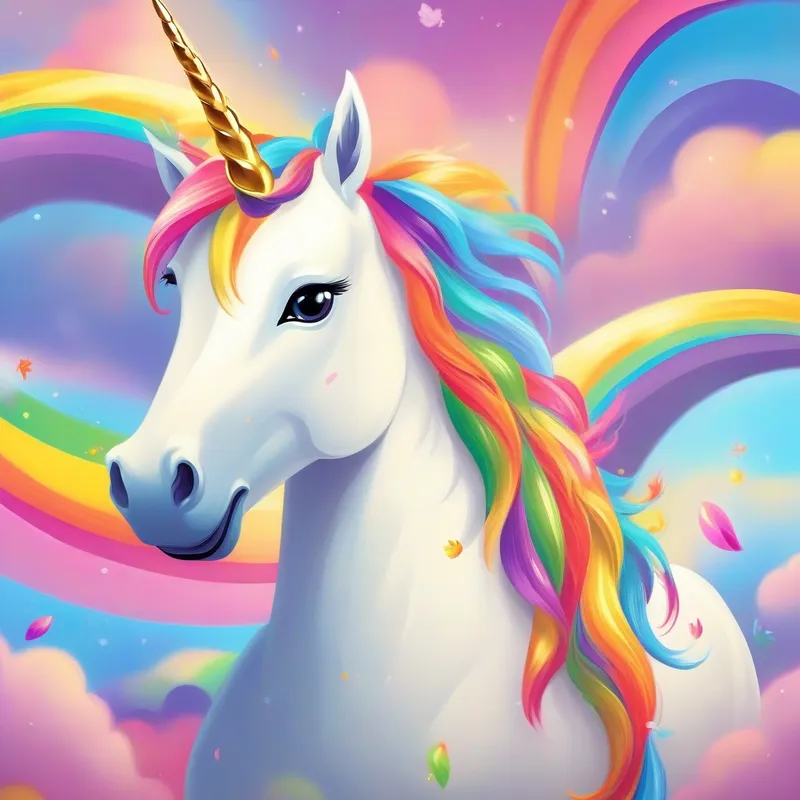 Friendly unicorn with rainbow mane and golden horn.
