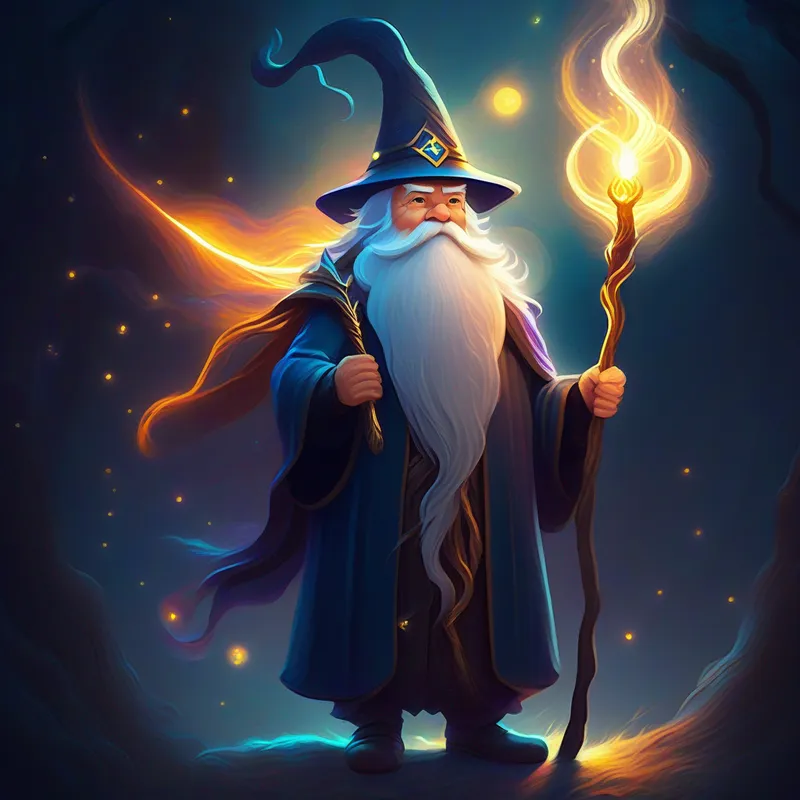 Wise old wizard with long beard and glowing staff.