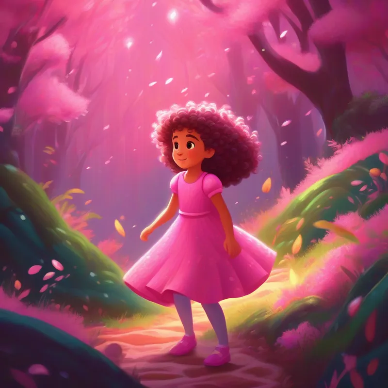 Brave girl with curly hair and sparkly pink dress. using her powers to help the creatures of the forest.