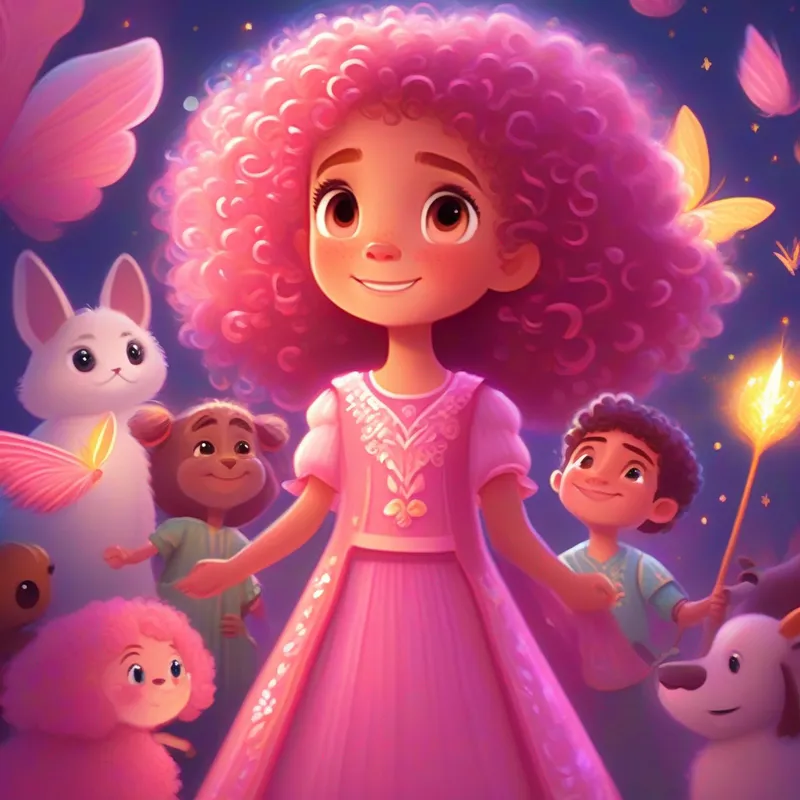 Brave girl with curly hair and sparkly pink dress. and her magical friends living happily ever after.