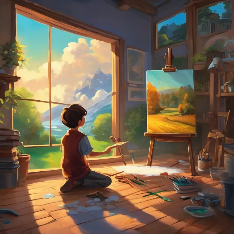 Once upon a time, there was a boy named Ben. Ben was a very imaginative boy who loved to draw and paint. He would spend hours in his room, creating beautiful artwork with his magical paintbrush. One day, while Ben was painting a picture of a beautiful landscape, something amazing happened. As Ben finished his painting, he noticed that the canvas started to glow and shimmer. Before he knew it, he was being pulled into the painting!