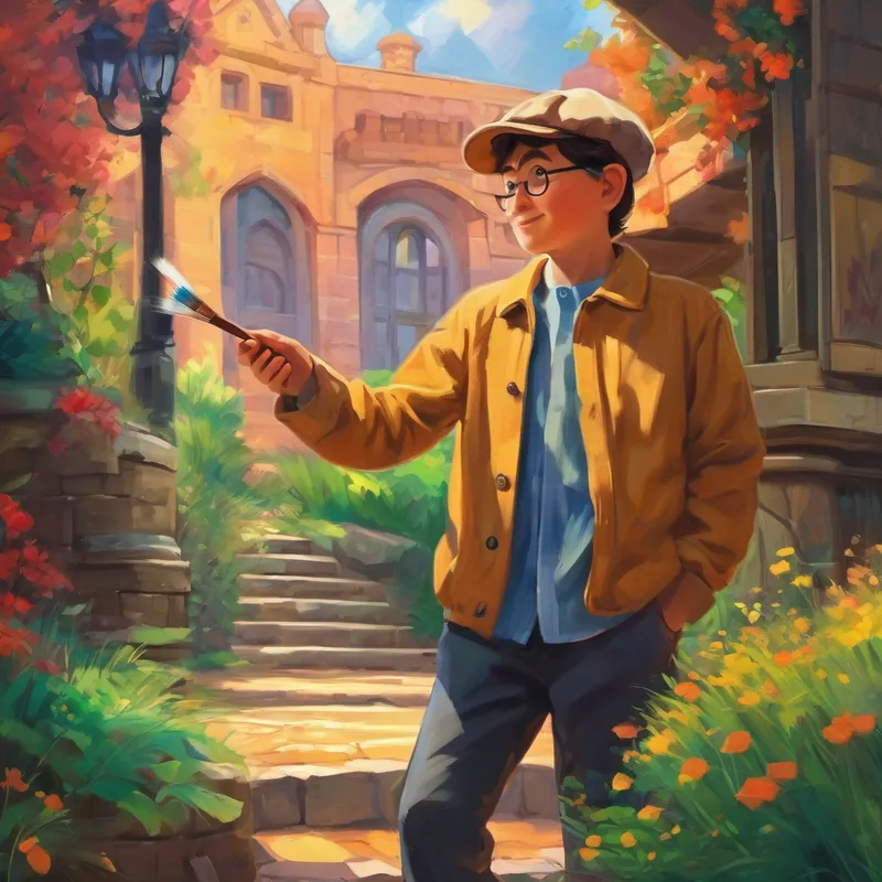 As Ben looked around, he realized that he was inside the painting. It was like he had stepped into a whole new world. The colors were vibrant, and everything looked so lifelike. Ben couldn't believe his eyes! Just then, a friendly voice called out to him. 'Hello there, young artist! Welcome to the world of art!' Ben turned around to see a man wearing a beret and holding a paintbrush. 'My name is Artie the Artist, and I will be your guide through this amazing art adventure.'