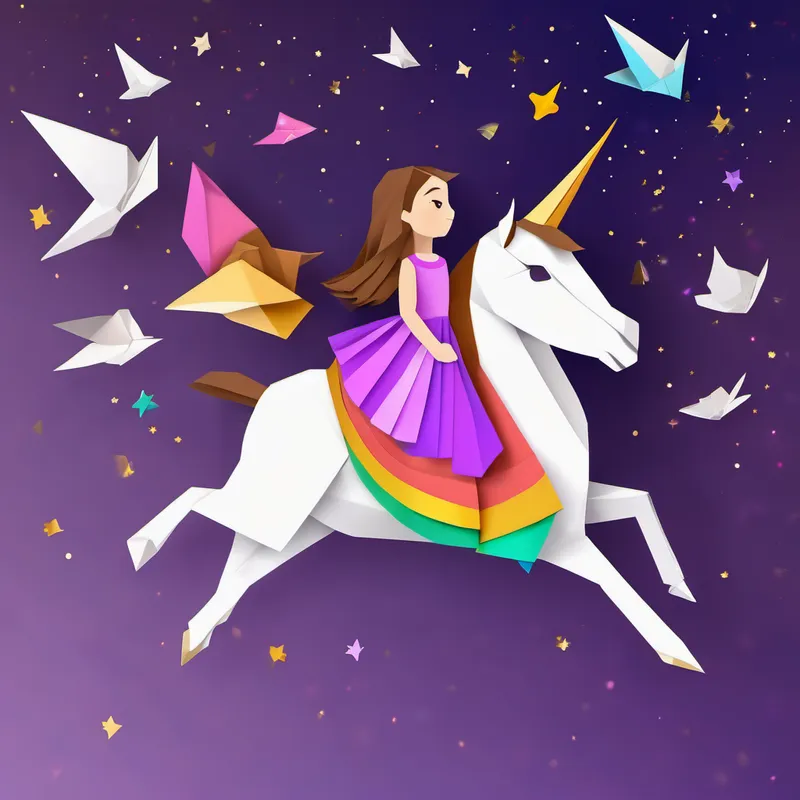 Small girl with brown hair, wearing a colorful dress. and White unicorn with sparkly purple wings and a golden horn. flying through the sky