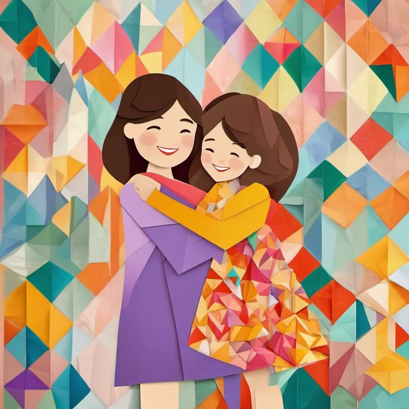 Small girl with brown hair, wearing a colorful dress. hugging her aunty with a happy face