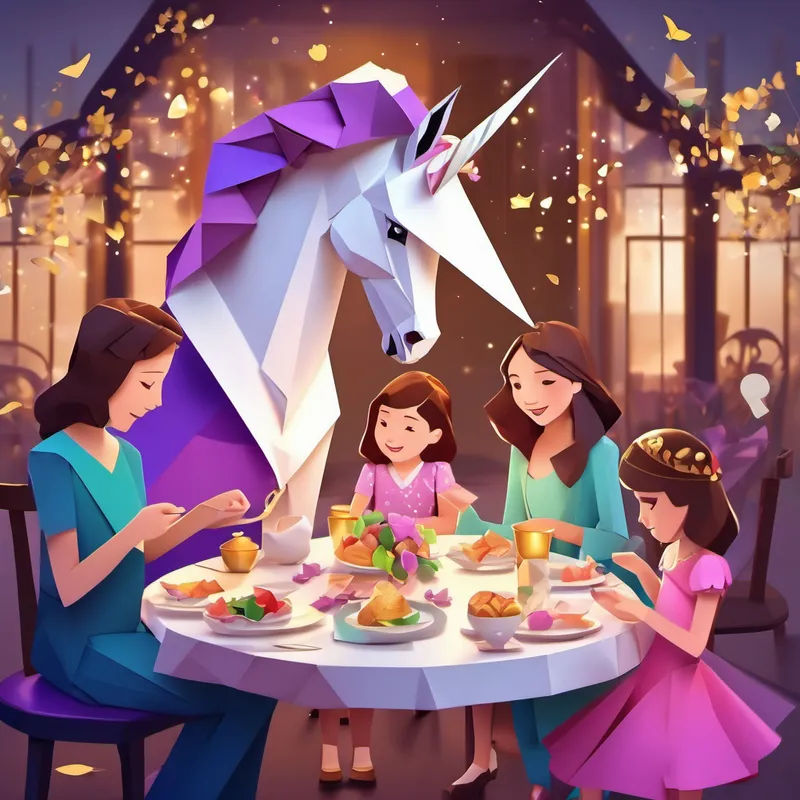 Small girl with brown hair, wearing a colorful dress., White unicorn with sparkly purple wings and a golden horn., and family having dinner together