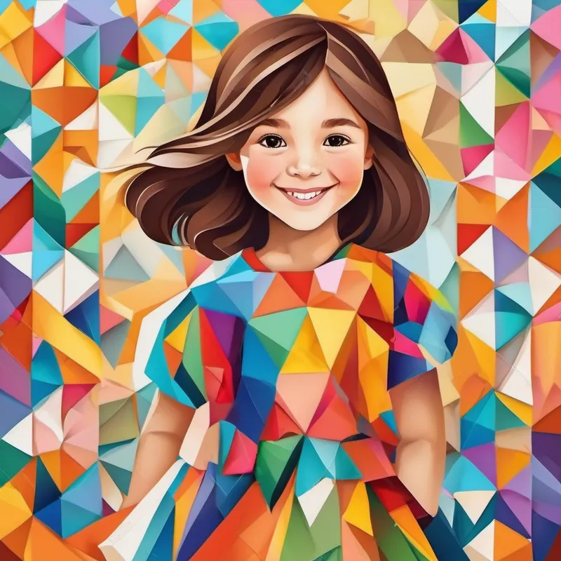 Small girl with brown hair, wearing a colorful dress. smiling brightly with a feeling of confidence