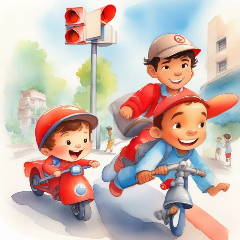 Sachin is a daring adventurer with a mischievous grin, wearing a red helmet zooming past a red traffic signal, Aman is a sleepyhead with tousled brown hair and blue pajamas trying to catch up