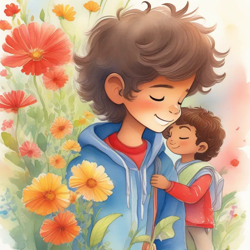 Aman is a sleepyhead with tousled brown hair and blue pajamas bending down to smell flowers, Sachin is a daring adventurer with a mischievous grin, wearing a red helmet looking impatient