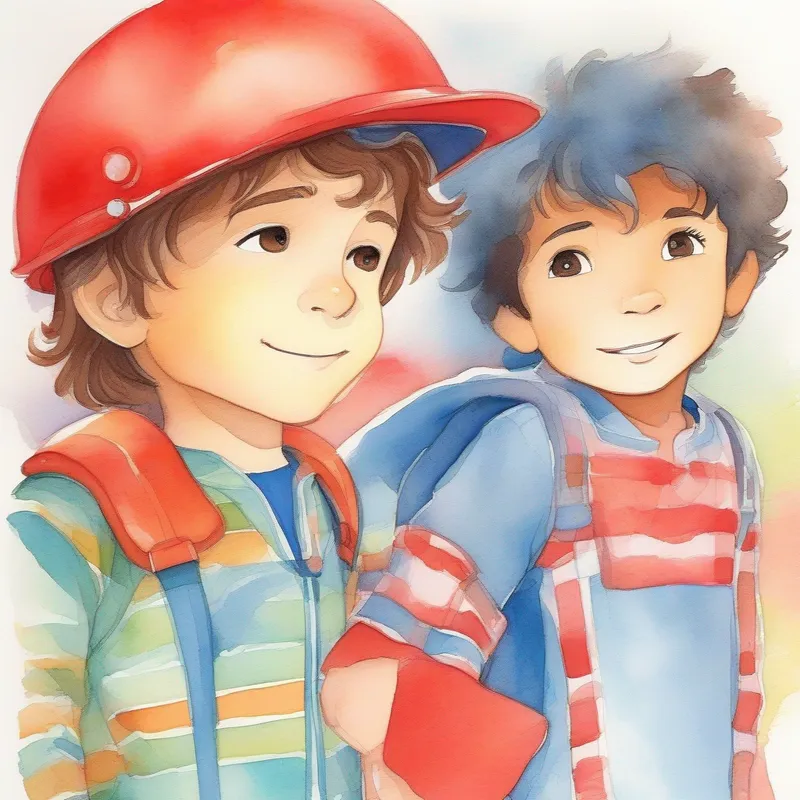 Aman is a sleepyhead with tousled brown hair and blue pajamas checking the time, Sachin is a daring adventurer with a mischievous grin, wearing a red helmet looking remorseful
