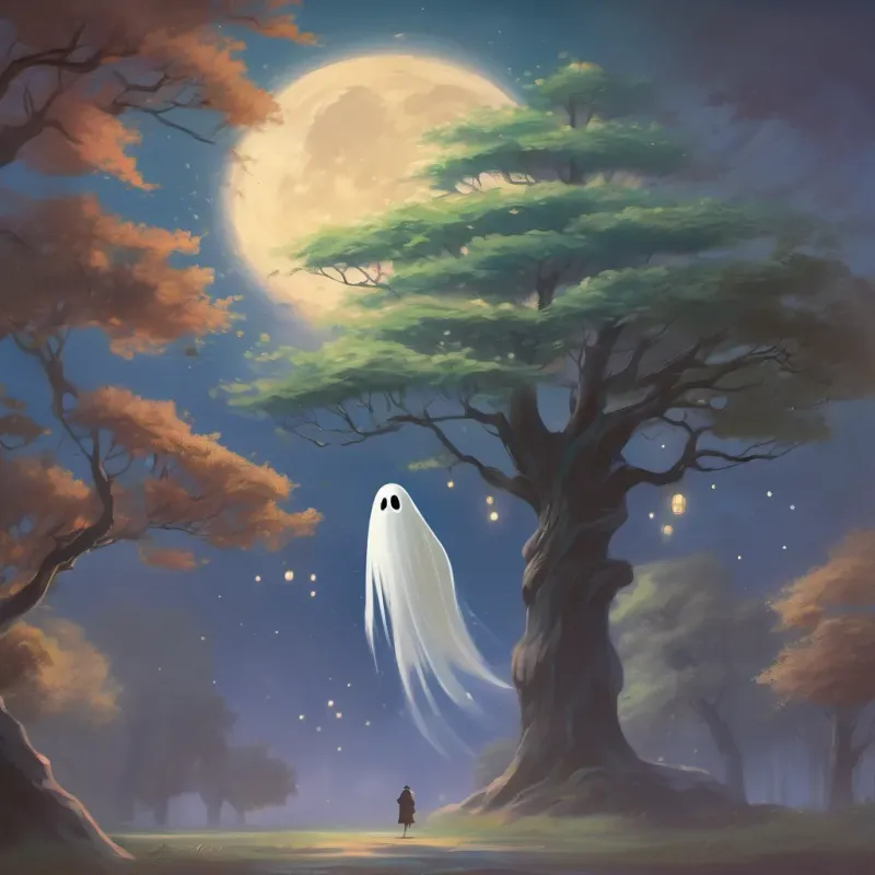 A ghost floating happily toward a tall tree at night.