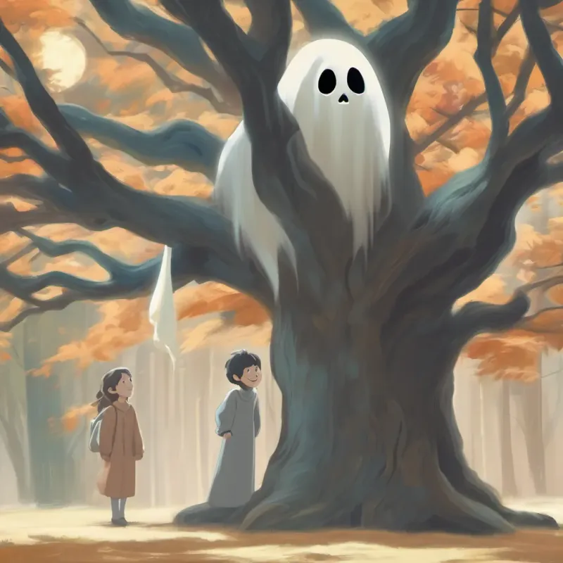 The ghost meets another ghost under the tree, both smiling widely.