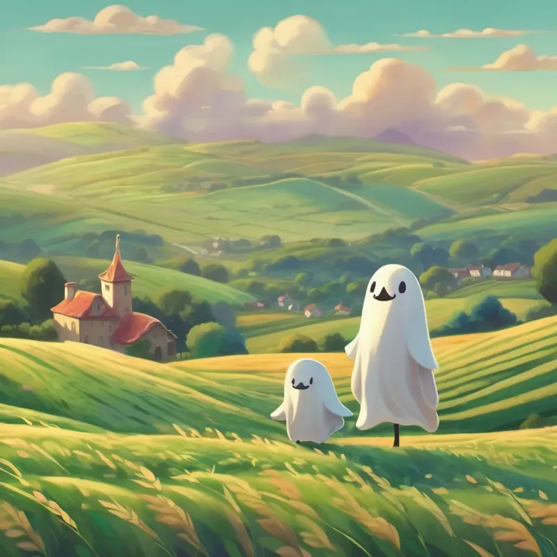 Two ghost friends floating over fields and hills, happy together.