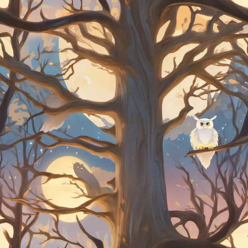 A ghost meeting an owl in a tall tree, the owl fluffing its wings curiously.