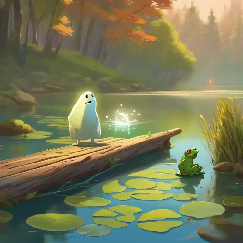 A ghost near a shimmering lake meeting a frog on a log.