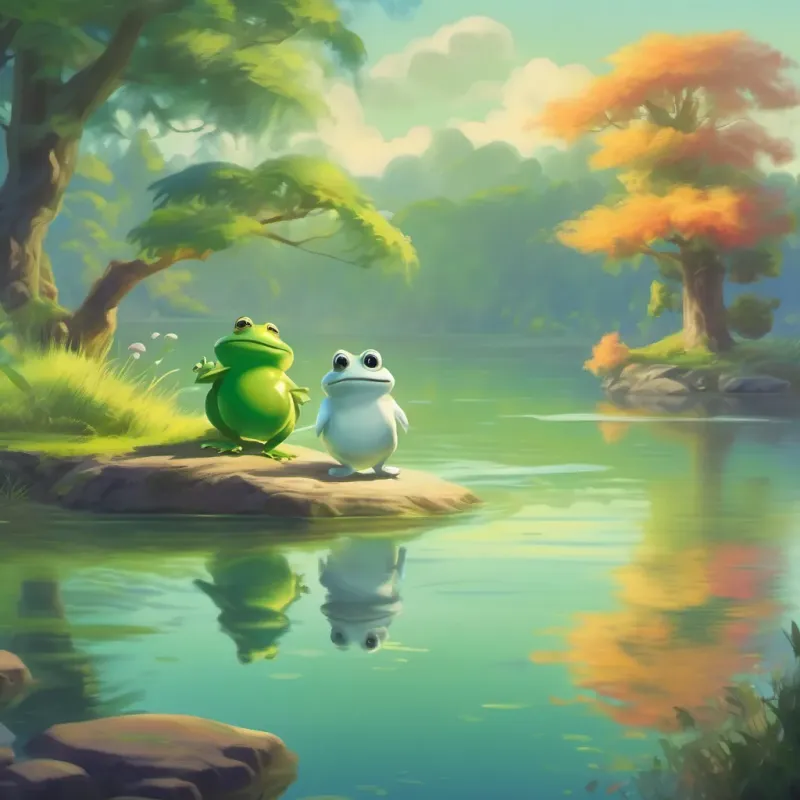 The ghost and frog bouncing and dancing merrily near a lake.