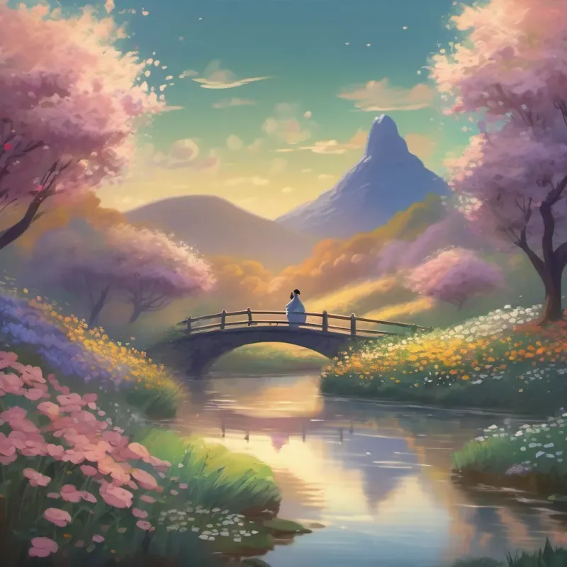 The ghost floating past fields of blooming flowers and resting by a stream.