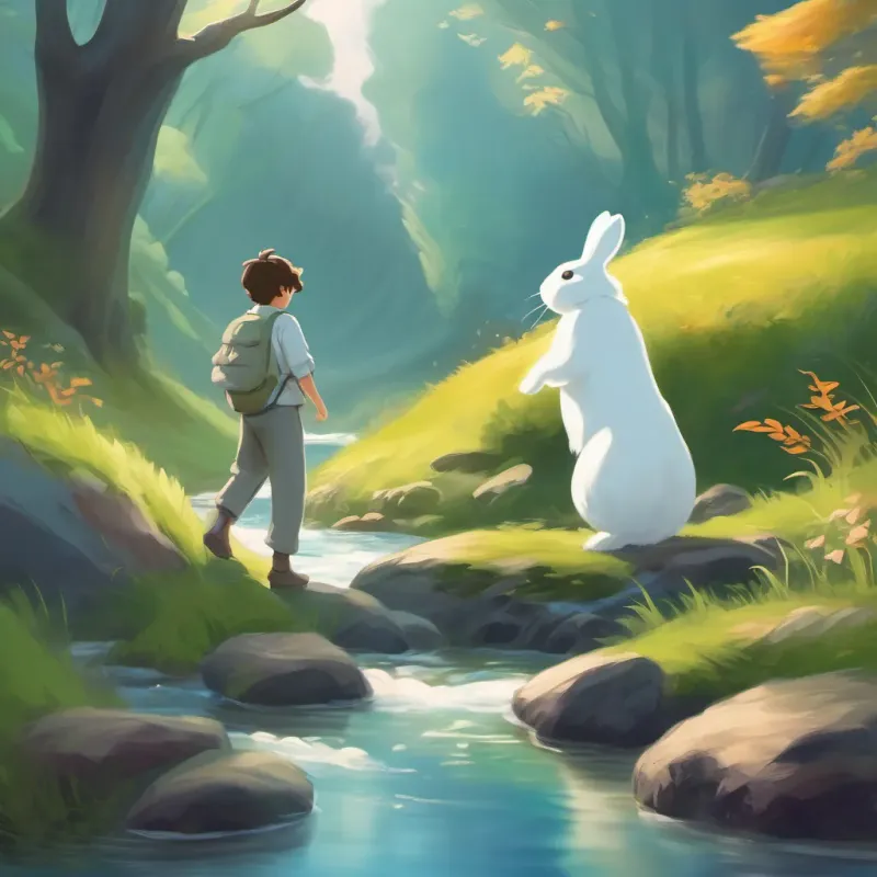 A ghost meeting a fluffy bunny near a flowing stream.