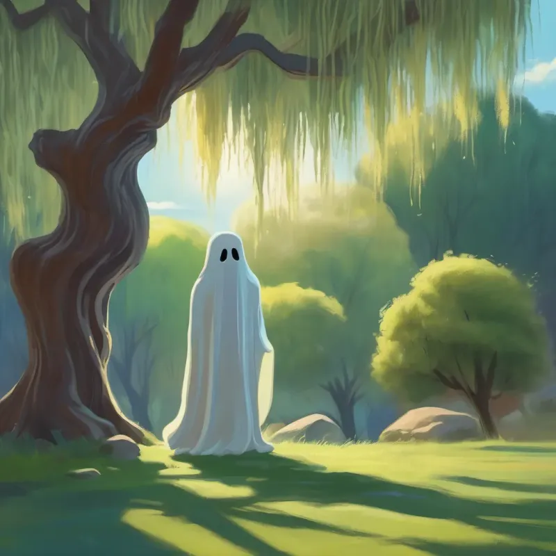 A ghost discovering a shadowy figure under a willow tree.