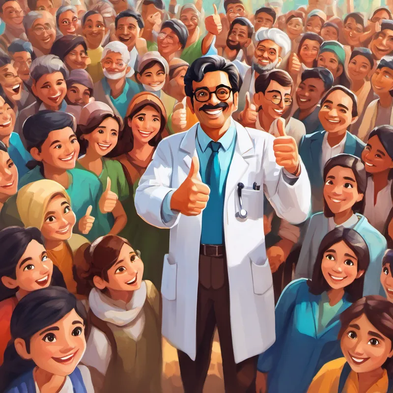 Dr Rahman giving a thumbs up surrounded by happy people