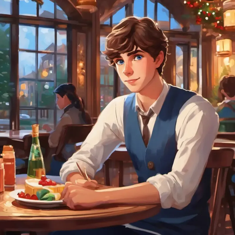 Young, determined college student with brown hair and blue eyes's introduction and the setting in a local restaurant