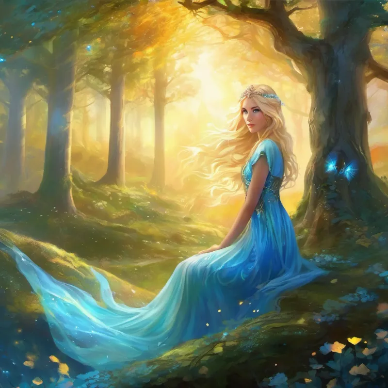 Introduction of the main character, Golden hair, blue eyes, kind-hearted, and the setting of the enchanted forest.