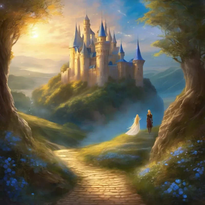 Golden hair, blue eyes, kind-hearted discovers a hidden pathway leading to a mysterious castle, adding an element of intrigue and adventure.