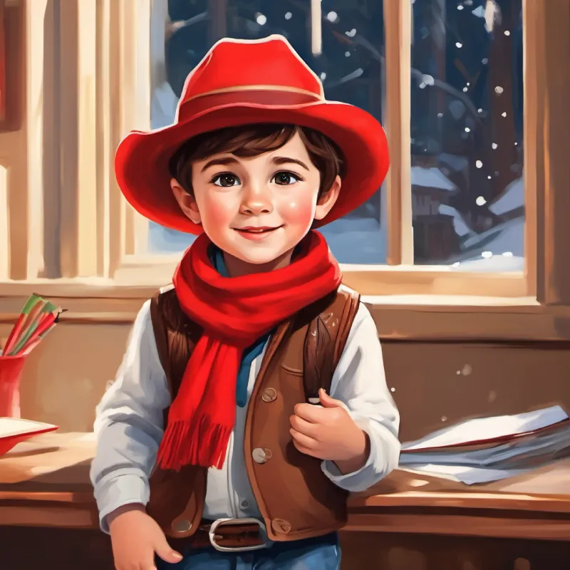 Tommy is three years old,with red scarf,brown eye getting ready for school, sunny morning