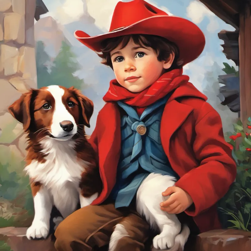 Tommy is three years old,with red scarf,brown eye,  red hatTommy noticed a lost puppy. He walked it back to its owner, feeling proud to help.