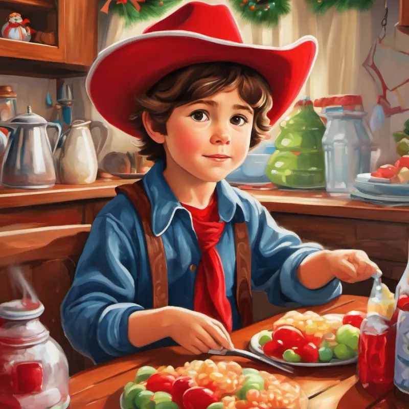Tommy is three years old,with red scarf,brown eye  red During snack time, Tommy accidentally spilled juice. He quickly helped clean it up and apologized to his teacher.