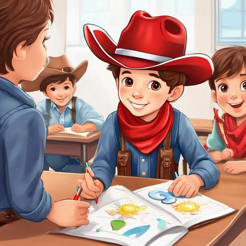 Tommy is three years old,with red scarf,brown eye In the classroom, Tommy met his teacher and new friends. They played games and shared stories. Tommy felt happy and welcomed.