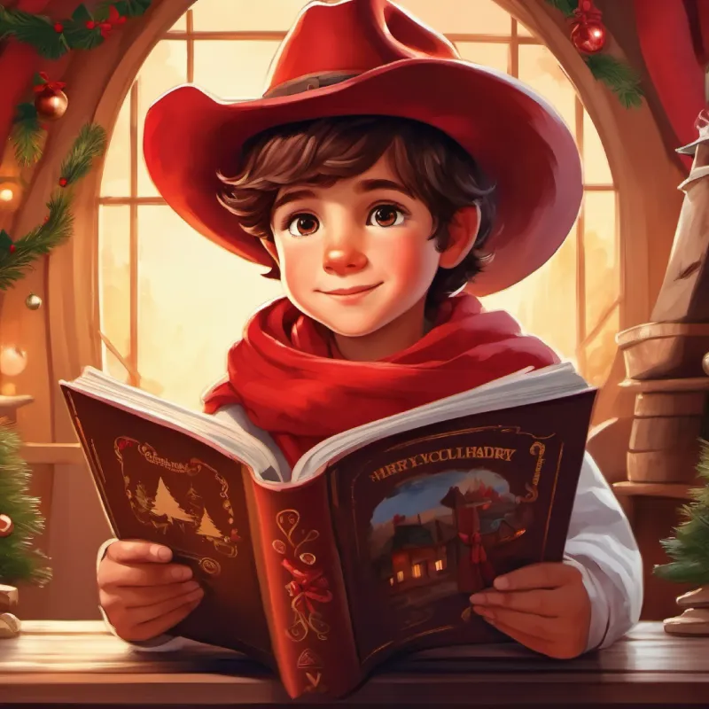 Tommy is three years old,with red scarf, red hat brown eye ,red hat,reading book