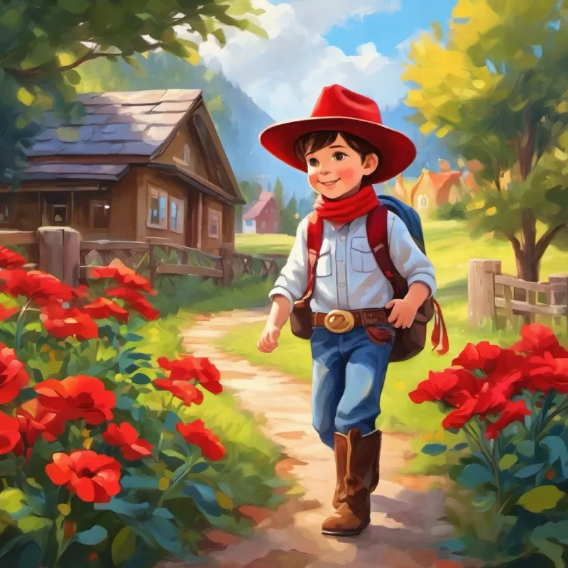Tommy is three years old,with red scarf,brown eye He put on his new backpack and waved goodbye to his momWalking to school, he noticed colorful flowers and friendly neighbors.