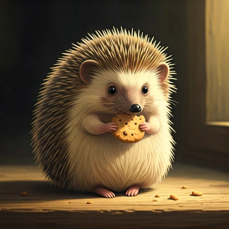 A hedgehog with crumbs on its face, happily munching on a cookie
