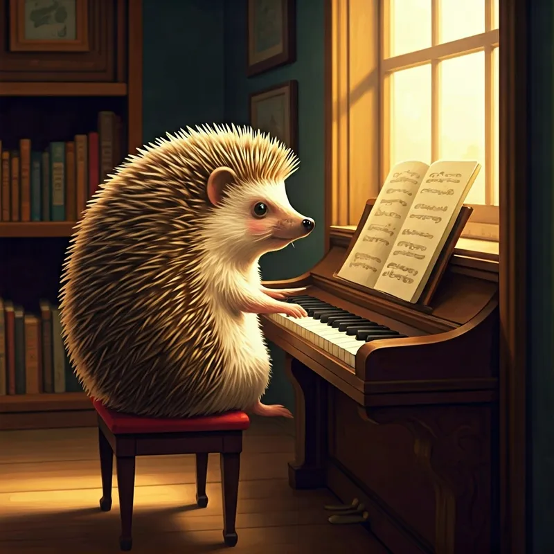 A hedgehog enthusiastically playing the piano with sheet music on the stand