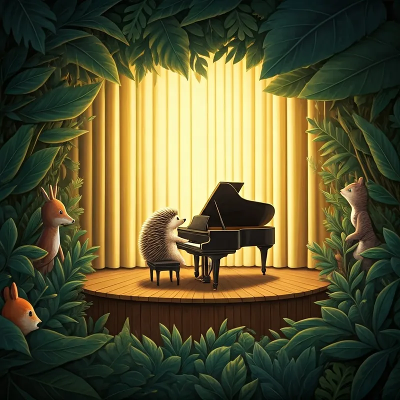 A hedgehog playing a grand piano on a stage decorated with forest foliage, with animal spectators watching
