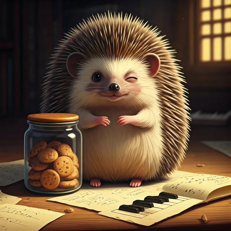 A hedgehog winking at the viewer, holding a jar of cookies and a piano score