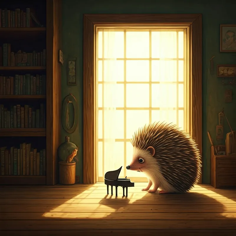 A sad hedgehog looking at a tiny piano
