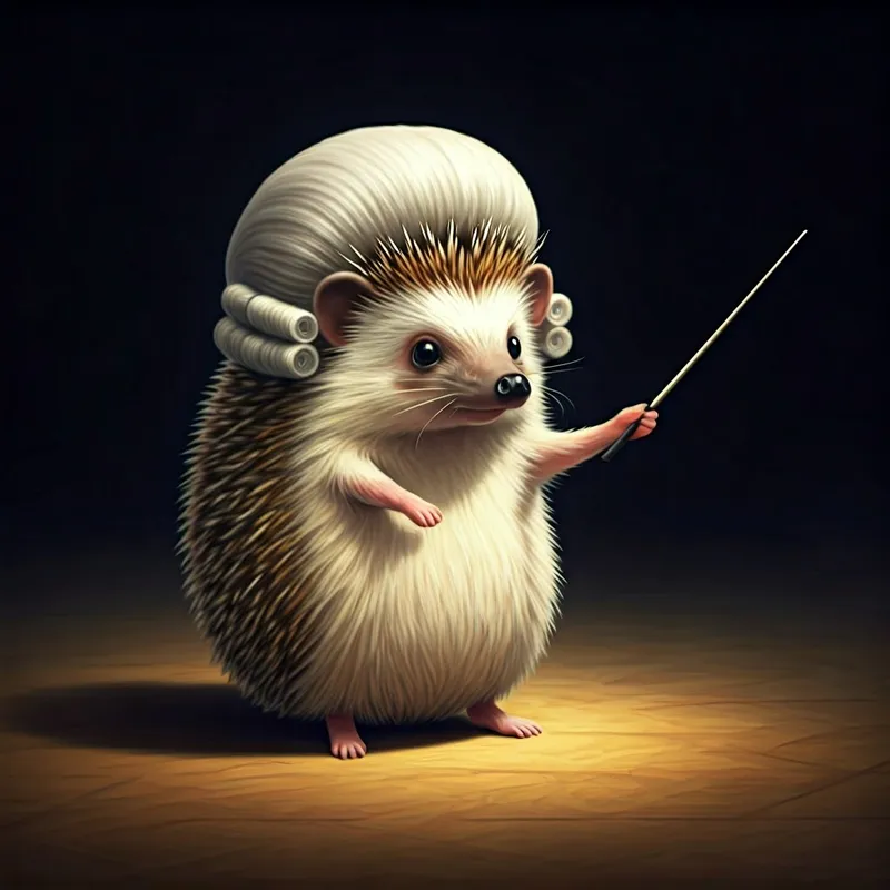A hedgehog wearing a tiny Mozart wig and holding a conductor's baton