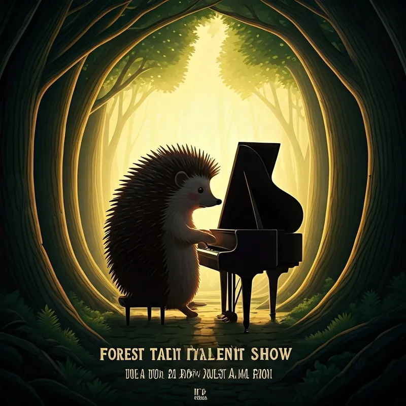 A poster for the Forest Talent Show with a hedgehog silhouette playing the piano