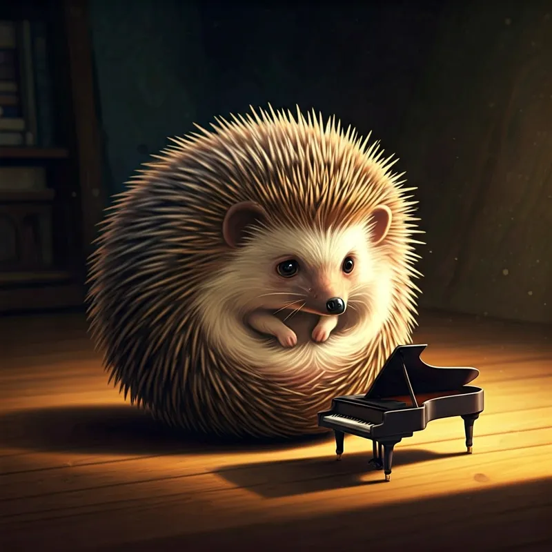 A hedgehog curled into a ball, looking sad next to a miniature piano