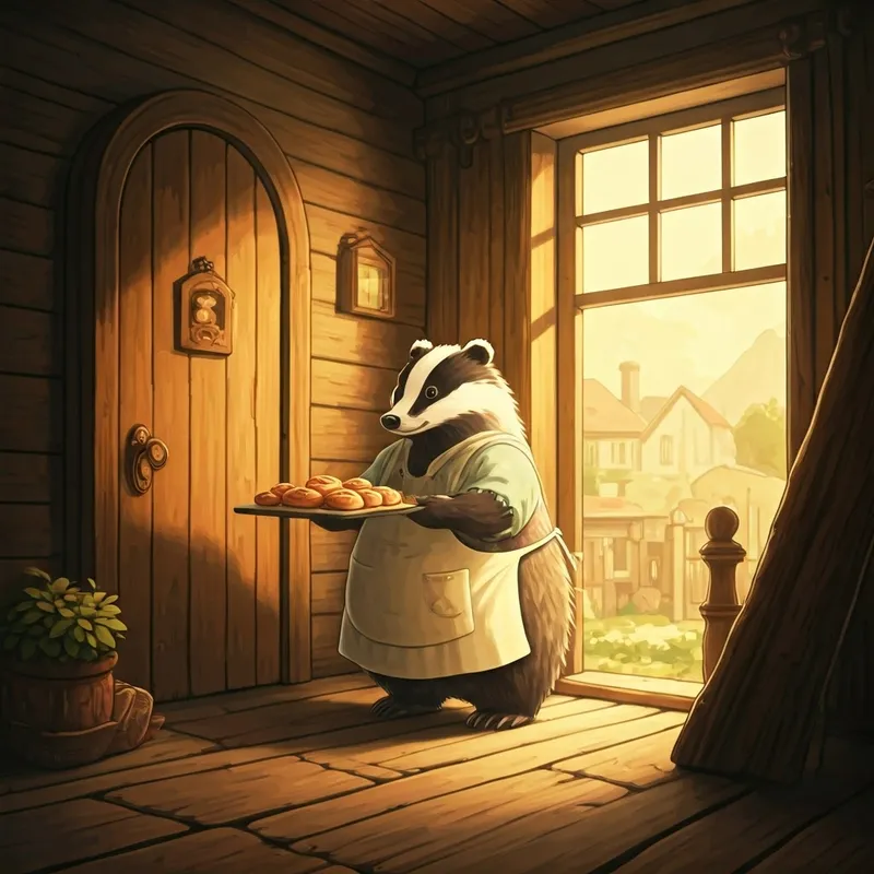 A badger wearing an apron and holding a tray of pastries knocking on the hedgehog's door