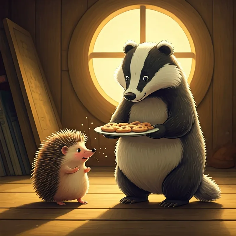 A badger holding a plate of cookies, smiling down at a hiccuping hedgehog