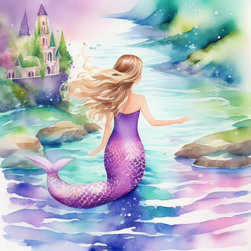 Brown hair, blue eyes, pink swimsuit and Blonde hair, green eyes, purple swimsuit find a sparkling pathway to a mermaid kingdom.