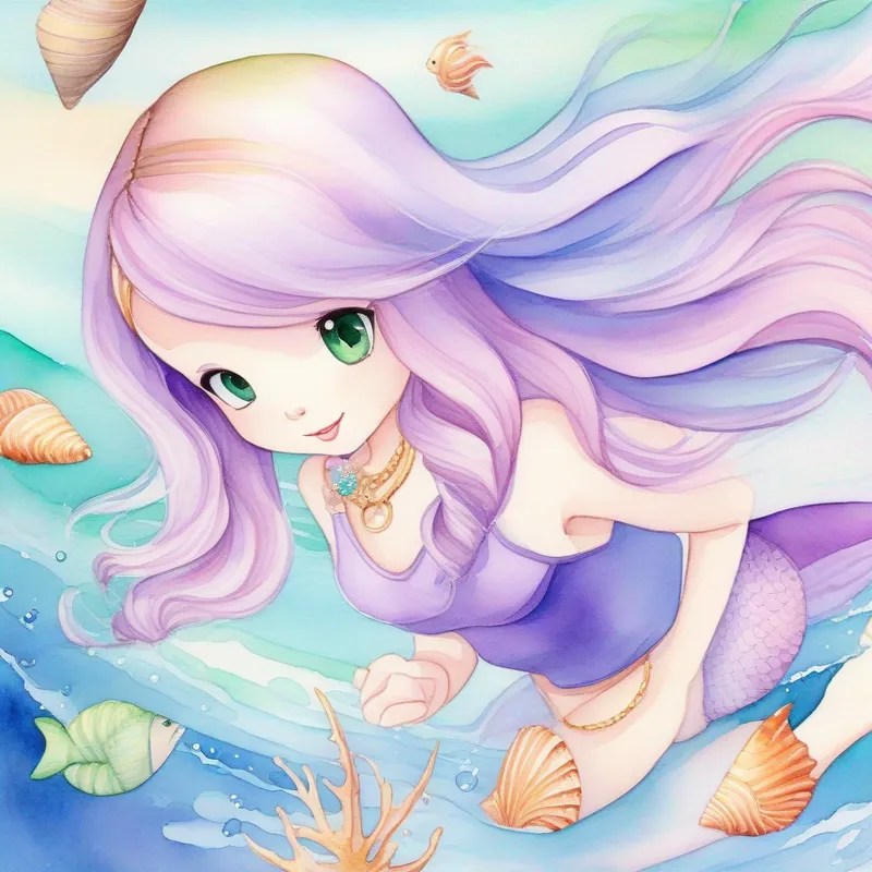 Brown hair, blue eyes, pink swimsuit and Blonde hair, green eyes, purple swimsuit meet Blue hair, purple tail, seashell necklace, a friendly mermaid, and go on a treasure hunt.