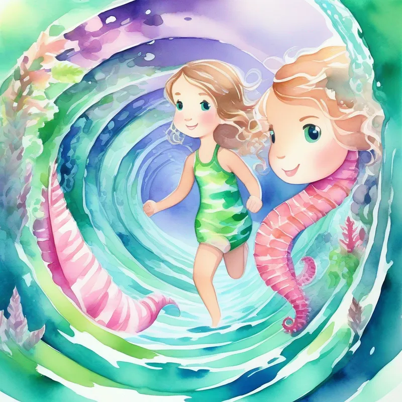 Brown hair, blue eyes, pink swimsuit and Blonde hair, green eyes, purple swimsuit join seahorses in a race through underwater tunnels.