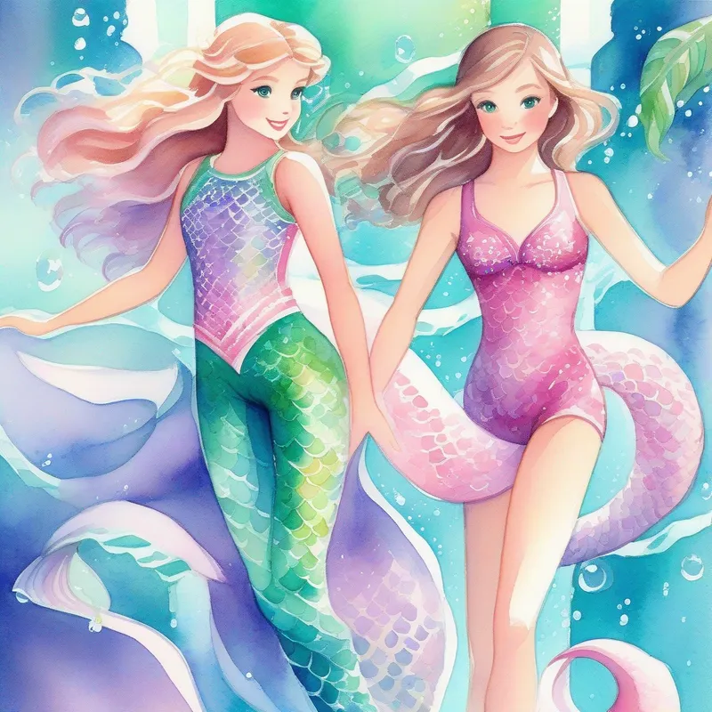 Brown hair, blue eyes, pink swimsuit and Blonde hair, green eyes, purple swimsuit dance with mermaids in a shimmering underwater palace.