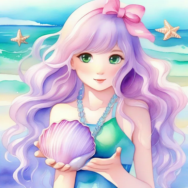 Brown hair, blue eyes, pink swimsuit and Blonde hair, green eyes, purple swimsuit receive magical seashells as a gift from Blue hair, purple tail, seashell necklace.