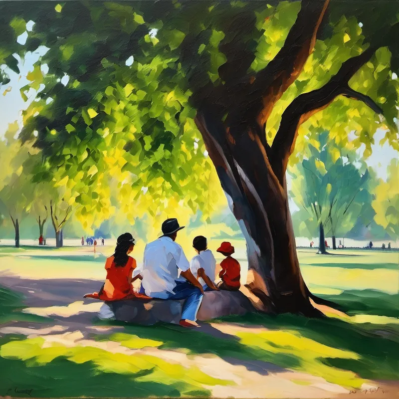 Family sitting under a shady tree in the park