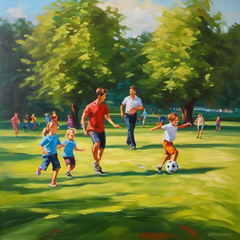 Family playing Frisbee and soccer in the park