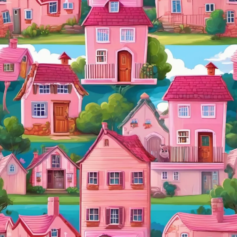 Three little Three little pigs: pink, happy, and different houses. in their cozy home